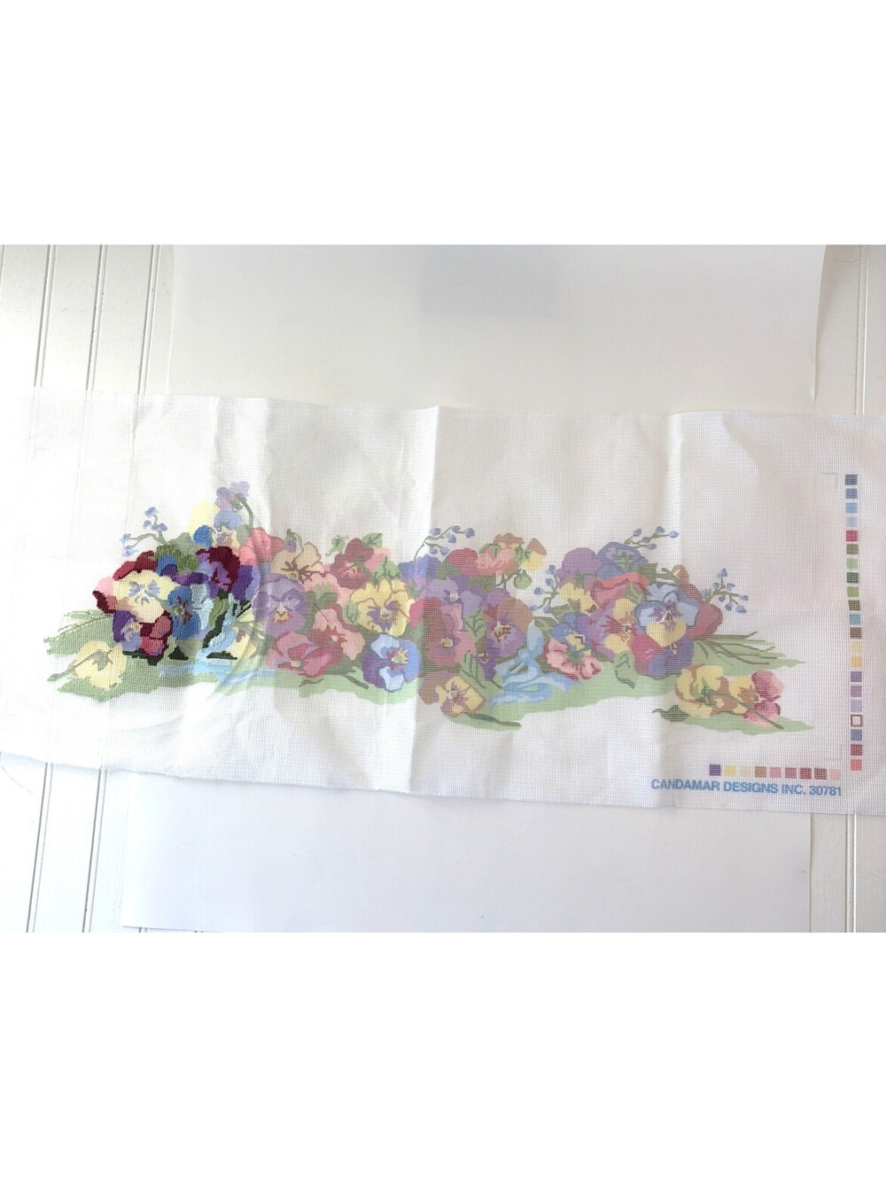 1992 Candamar Designs 30781 Something Special Pansies Needlepoint Canvas Started